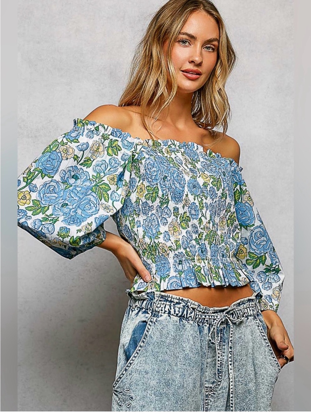 POL Blue and Green Floral Off-Shoulder Smocked Top